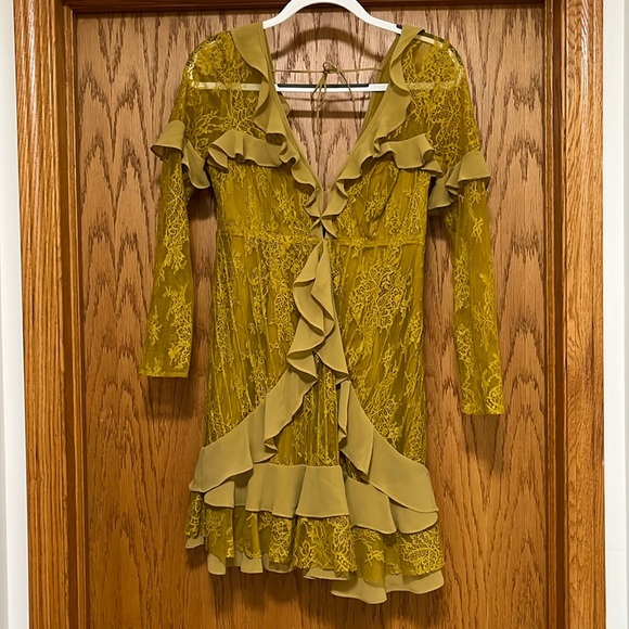 For Love & Lemons Daphne Mini Lace Long Sleeve Ruffled Dress, Chartreuse M - Picture 6 of 10